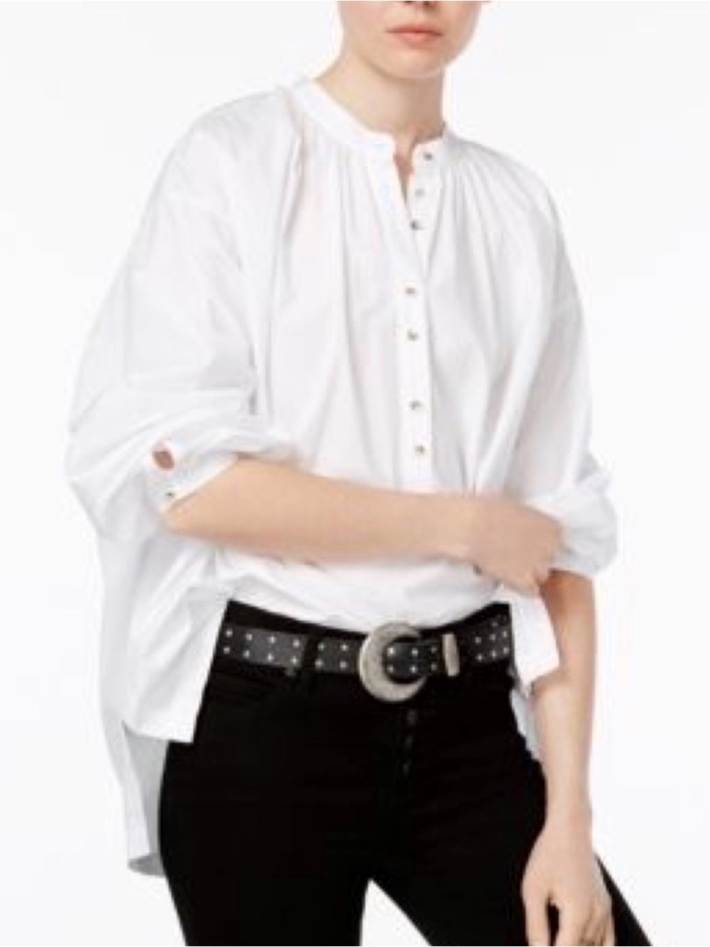 Free People White Relaxed Button-Front Popover  Hey Baby Cotton Shirt